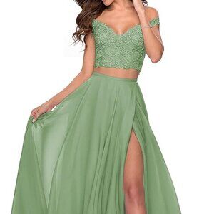WaterDress Women's Two Piece Prom Dresses Long with Slit Off Shoulder Lace Chiff